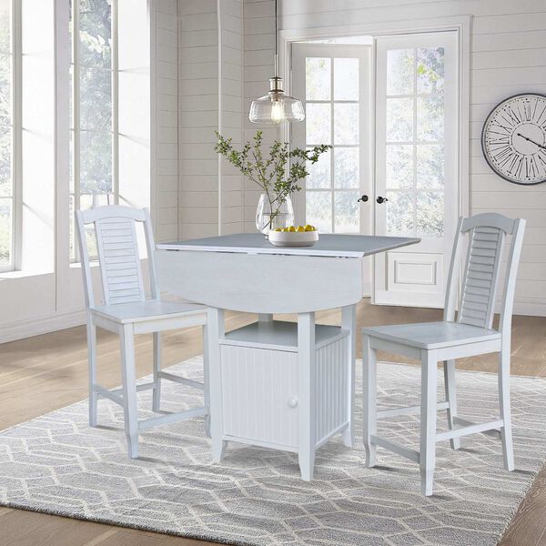 Dual Drop Leaf Antiqued White Chalk  Bistro Table  With Storage and Two Counter Height  Stools, image 6