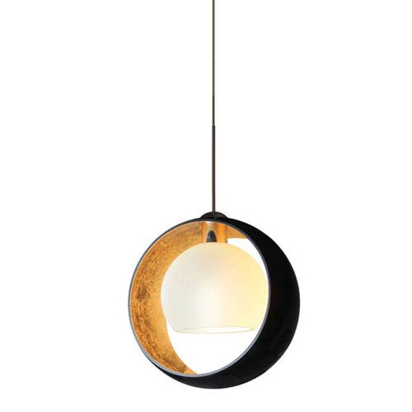 Pogo Bronze LED Mini Pendant with Flat Canopy and Black and Inner Gold Glass, image 1