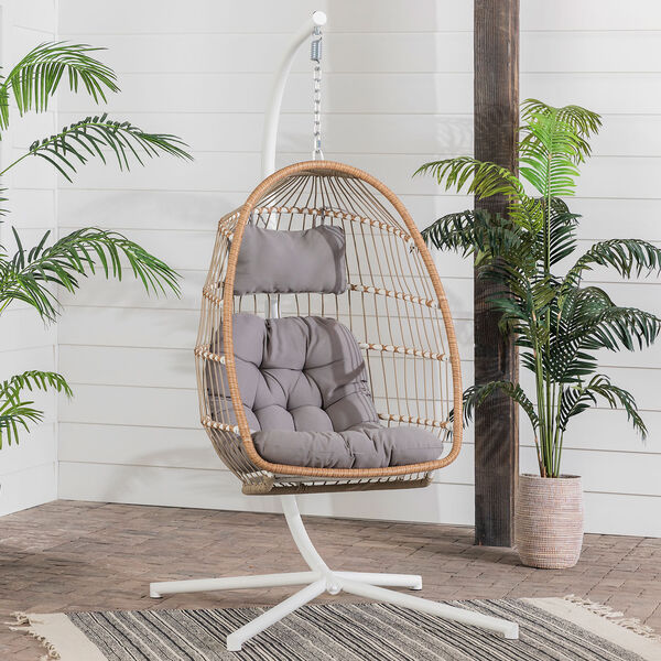 Brown and Gray Outdoor Swing Egg Chair with Stand, image 1