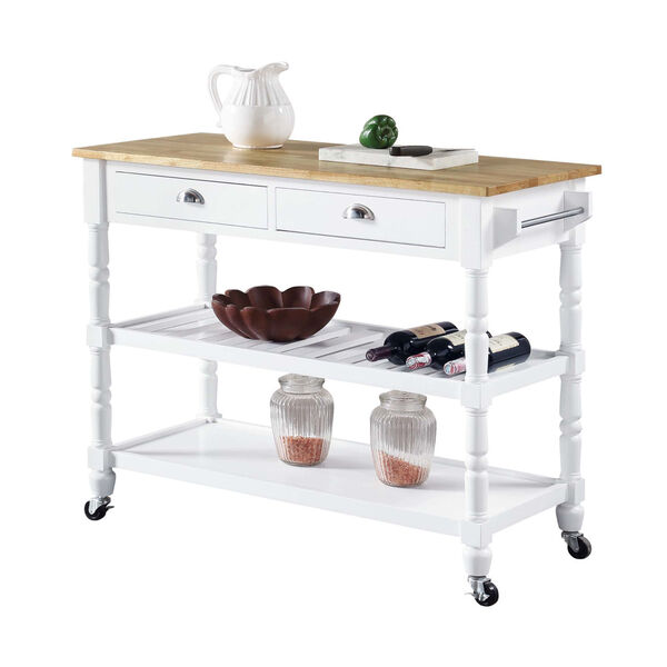French Country Butcher Block White Three-Tier Butcher Block Kitchen Cart with Drawers, image 3