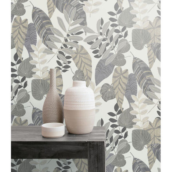 Boho Rhapsody Charcoal, Stone and Daydream Gray Tropicana Leaves Unpasted Wallpaper, image 1