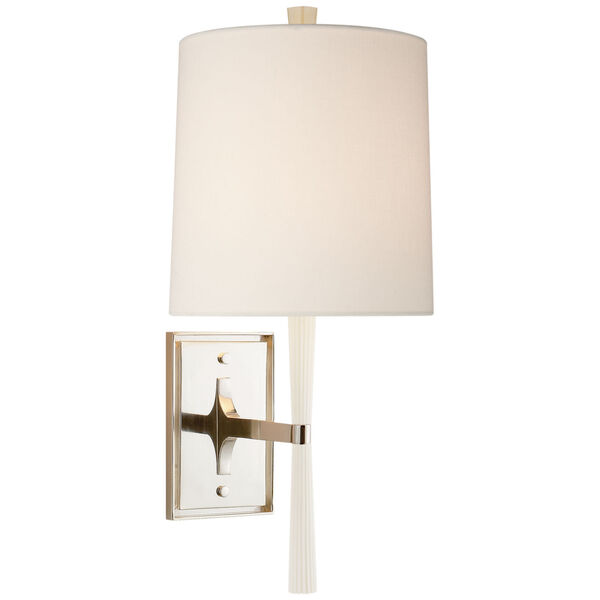 Refined Rib Sconce in China White and Polished Nickel with Linen Shade by Barbara Barry, image 1