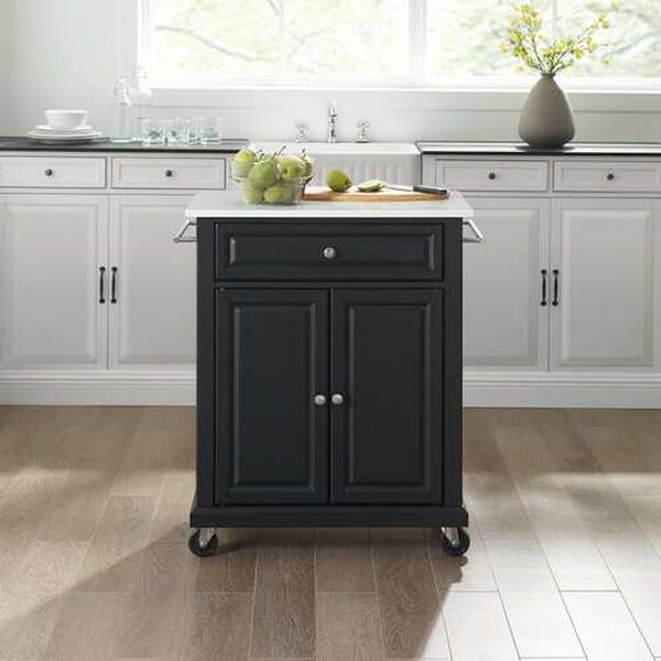 Compact Black White Stone Top Kitchen Cart, image 1