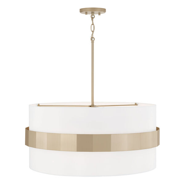 Sutton Soft Gold Four-Light Drum Pendant with White Fabric Shade and Frosted Glass Diffuser, image 2
