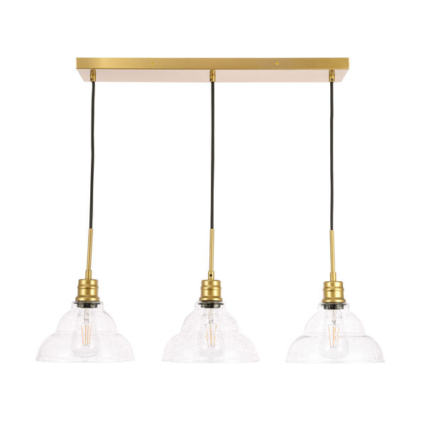 Clive Brass Three-Light Pendant with Clear Seeded Glass, image 3