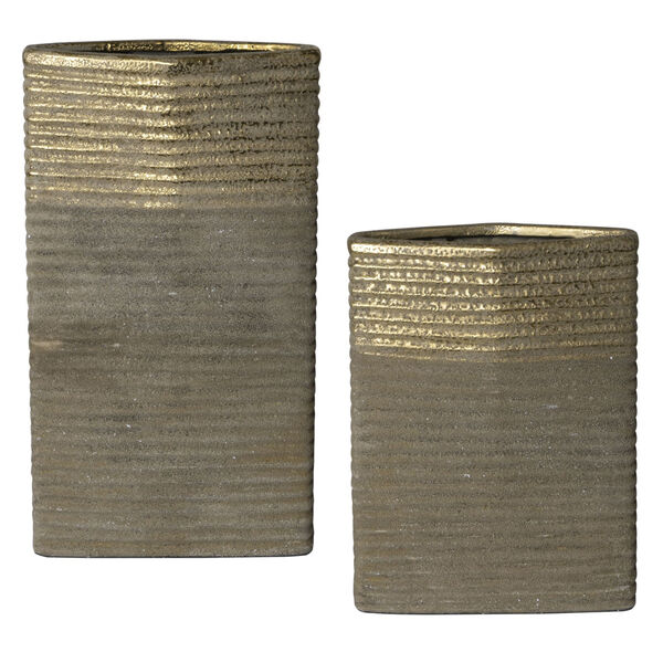 Riaan Sand Textured Earth Tones and Gold Leaf Ribbed Vase, Set of 2, image 2