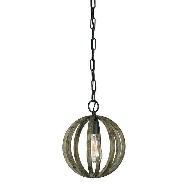 Allier Weather Oak Wood and Antique Forged Iron One-Light Mini Pendant, image 1