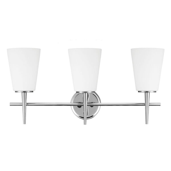 Driscoll Chrome Three Light Bathroom Vanity Fixture with Etched Glass Painted White Inside, image 1