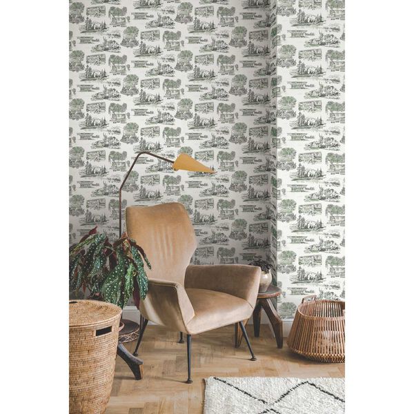 Modern Vista Toile Evergreen Wallpaper, image 1