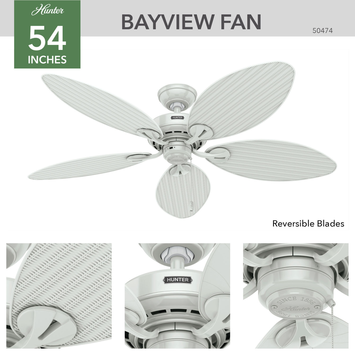 Hunter 50474 Indoor/Outdoor Bayview Ceiling Fan without Light White 