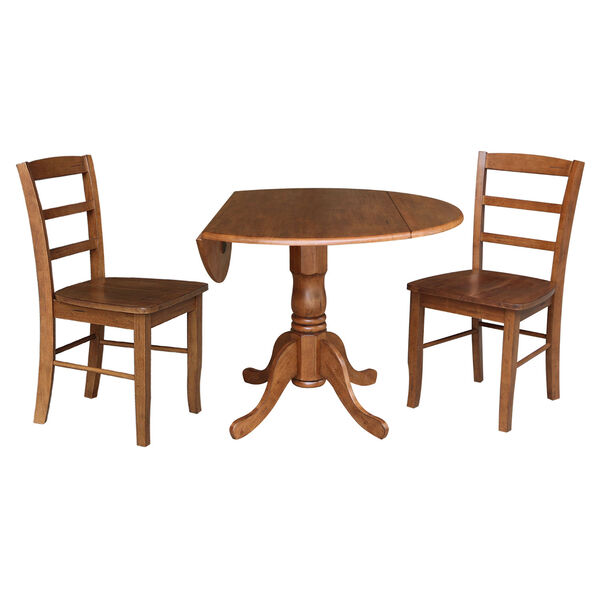 Distressed Oak 42-Inch Dual Drop Leaf Pedestal Dining Table with Two Ladderback Chair, Three-Piece, image 3