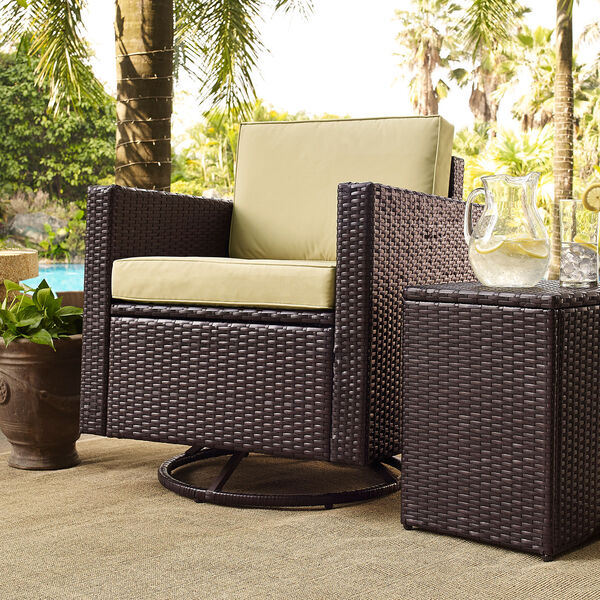 Palm Harbor 3-Piece Outdoor Wicker Conversation Set With Sand Cushions -- Two Swivel Chairs and Side Table, image 2