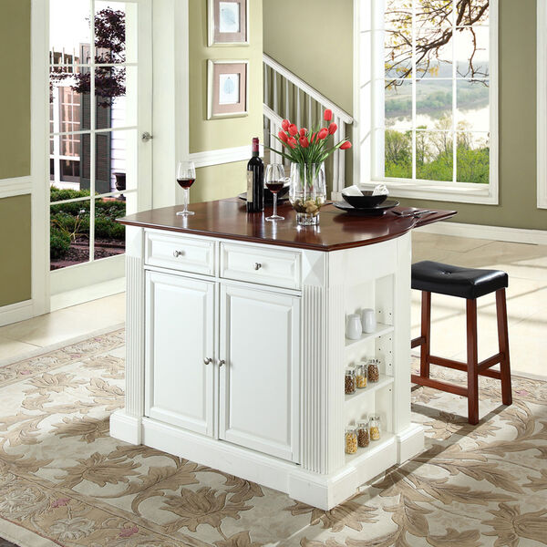 Drop Leaf Breakfast Bar Top Kitchen Island in White Finish with 24-Inch Cherry Upholstered Saddle Stools, image 5