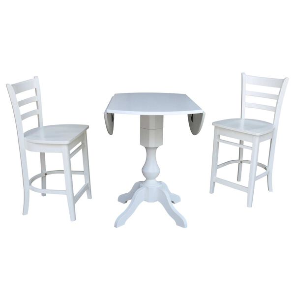 White 36-Inch High Round Pedestal Counter Height Drop Leaf Table with Stools, 3-Piece, image 2
