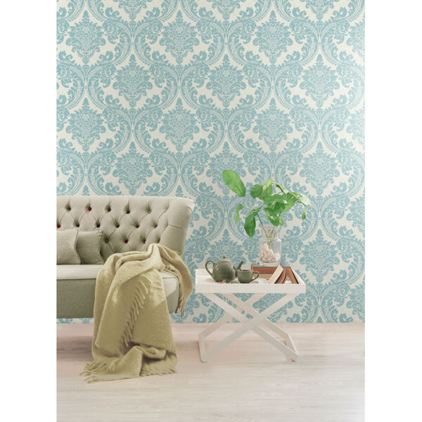 Grandmillennial Teal Tapestry Damask Pre Pasted Wallpaper, image 1