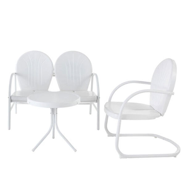Griffith Three Piece Metal Outdoor Conversation Seating Set: Loveseat and Chair in White Finish with Side Table in White Finish, image 1