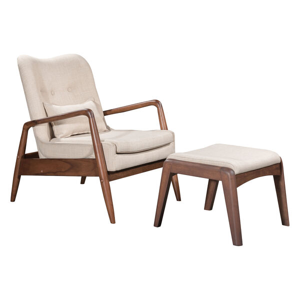 Bully Beige and Walnut Lounge Chair and Ottoman, image 1