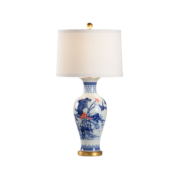 Blue, White Glaze and Antique Gold Leaf One-Light Ceramic Table Lamp, image 1