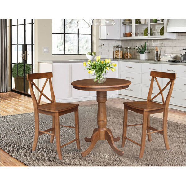 Distressed Oak 30-Inch Round Top Pedestal Gathering Table with Two X-Back Counter Height Stool, Set of Three, image 1