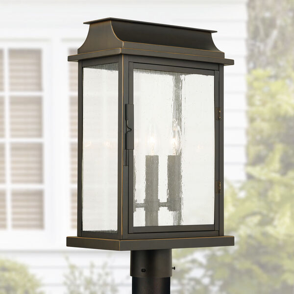 Bolton Oiled Bronze Three-Light Outdoor Post Mount with Antiqued Glass, image 2