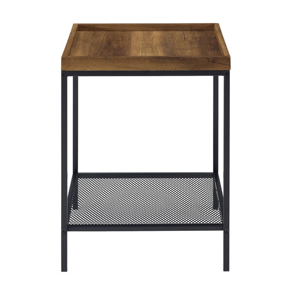 18-Inch Rustic Oak Square Tray Side Table with Mesh Metal Shelf, image 5