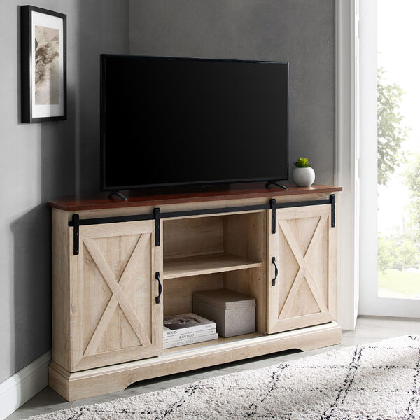Traditional Brown and White Oak Sliding Barn Door Corner TV Stand, image 3