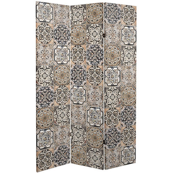 Tall Double Sided Victorian Tile Brown Canvas Room Divider, image 1