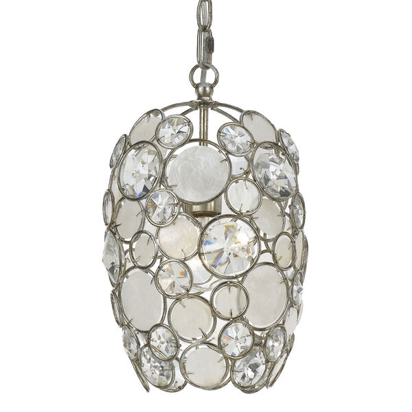Palla Antique Silver One-Light Mini Pendant with Natural White Capiz Shell and Hand Cut Crystal, image 1