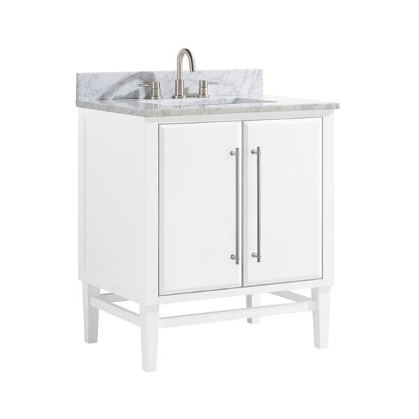 White 31-Inch Bath vanity Set with Silver Trim and Carrara White Marble Top, image 2