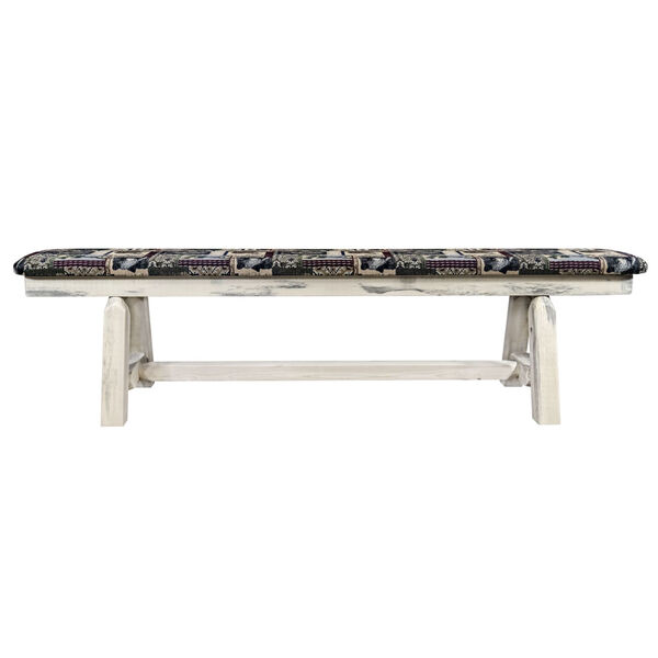 Homestead Clear Lacquer 6 Foot Plank Style Bench with Woodland Upholstery, image 2