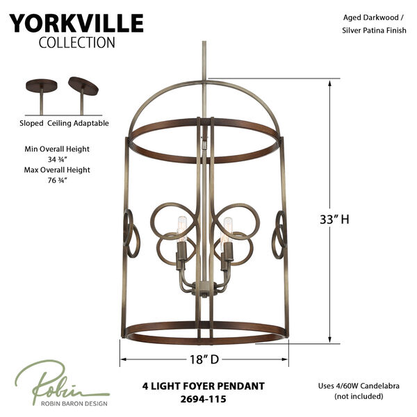 Yorkville Aged Darkwood with Silver Pati Four-Light Pendant, image 2