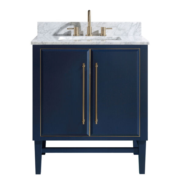 Navy Blue 31-Inch Bath vanity Set with Gold Trim and Carrara White Marble Top, image 1