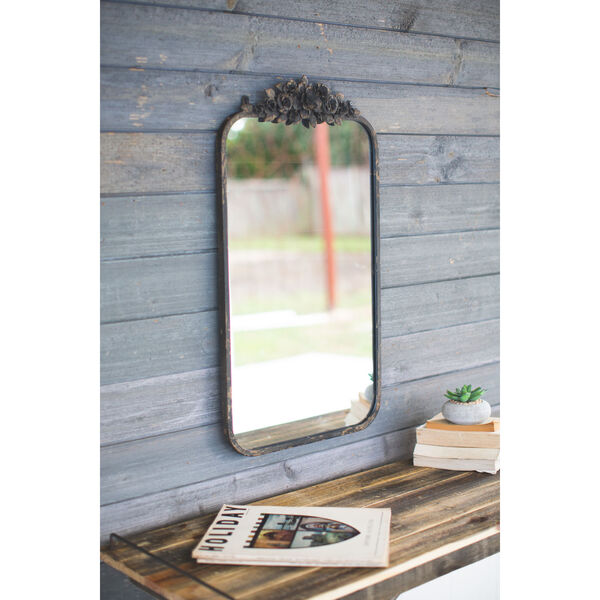 Rustic Grey Rectangle Metal Wall Mirror with Flower Details, image 2
