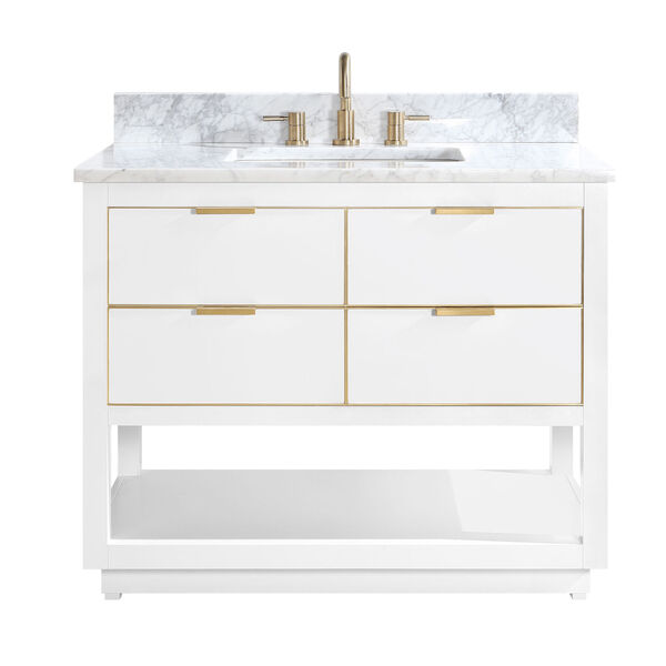 White 43-Inch Bath vanity with Gold Trim and Carrara White Marble Top, image 1