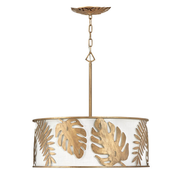 Botanica Burnished Gold Five-Light Chandelier with Palm Leaves and White Linen Shade, image 2