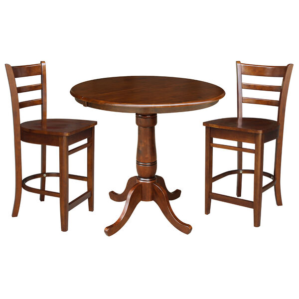 Espresso 36-Inch Round Extension Dining Table with Two Counter Stool, Three Piece, image 2