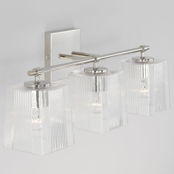 Lexi Polished Nickel Three-Light Bath Vanity with Clear Fluted Square Glass Shades, image 4