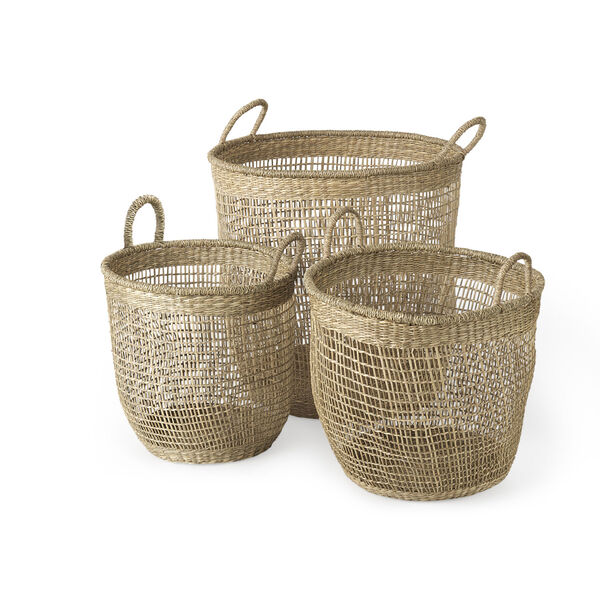 Bowie Medium Brown Round Basket with Handle, Set of 3, image 1