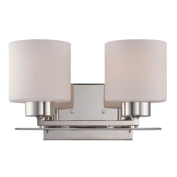 Parallel Polished Nickel Two Light Vanity Fixture with Etched Opal Glass, image 1