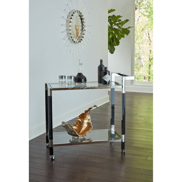 Boulevardier Polished Nickel and Black Bar Cart with Clear Glass, image 5