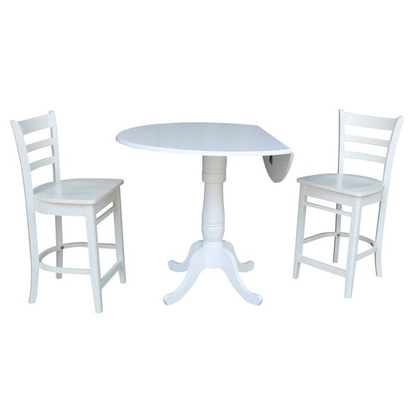 White Round Pedestal Counter Height Drop Leaf Table with Stools, 3-Piece, image 3