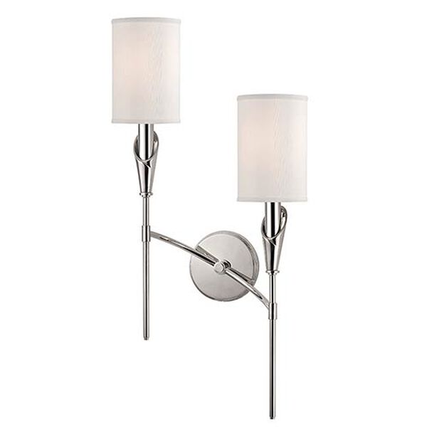 Tate Polished Nickel Two-Light Right Orientation Wall Sconce with White Shade, image 1