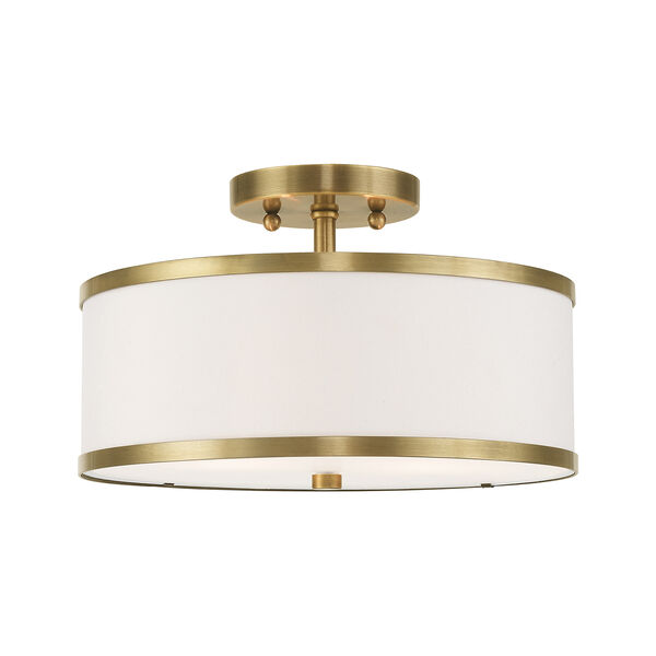 Park Ridge Antique Brass 13-Inch Two-Light Ceiling Mount with Hand Crafted Off-White Hardback Shade, image 1