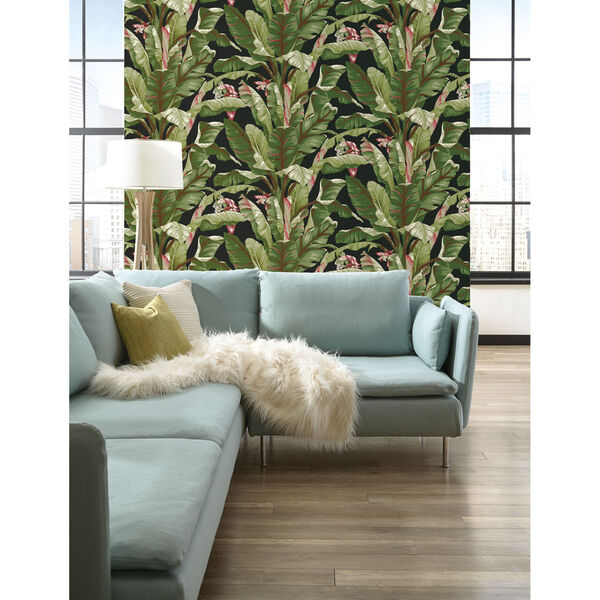 Ashford House Tropics Black and Green Banana Leaf Wallpaper, image 3