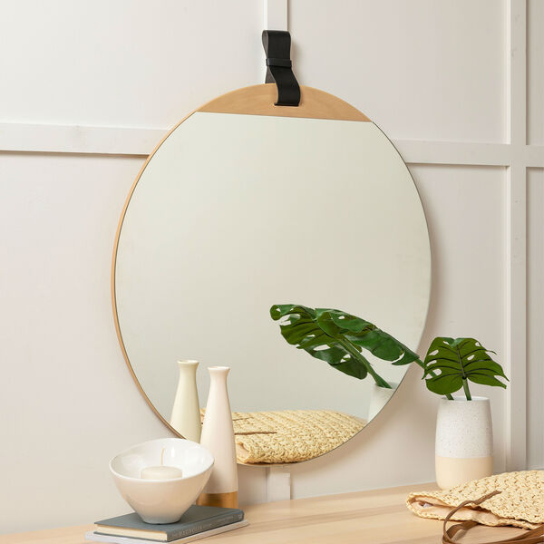 Heppner Blonde Wood Mirror with Leather Accent Strap, image 1