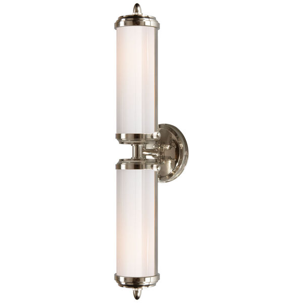 Merchant Double Bath Light in Polished Nickel with White Glass by Thomas O'Brien, image 1