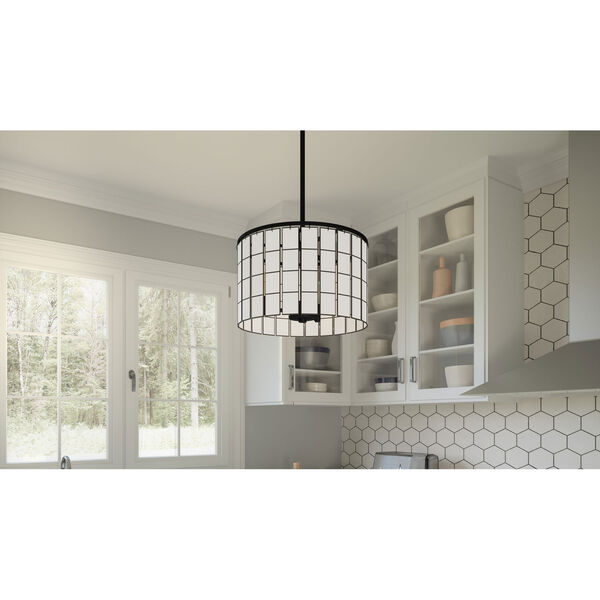 Seigler Matte Black Three-Light Pendant with Etched Glass Panels, image 3