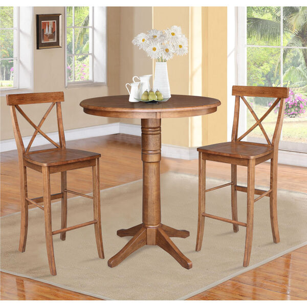 Distressed Oak 36-Inch Round Pedestal Bar Height Table with Two X-Back Stool, Set of Three, image 1