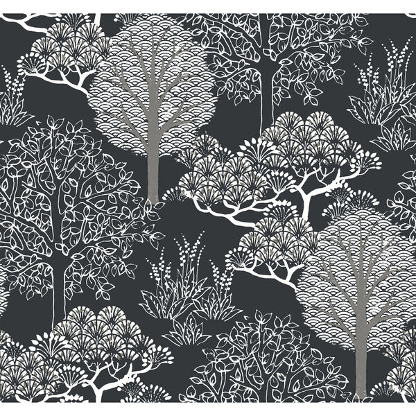 Black and Metallic 27 In. x 27 Ft. Kimono Trees Wallpaper, image 2