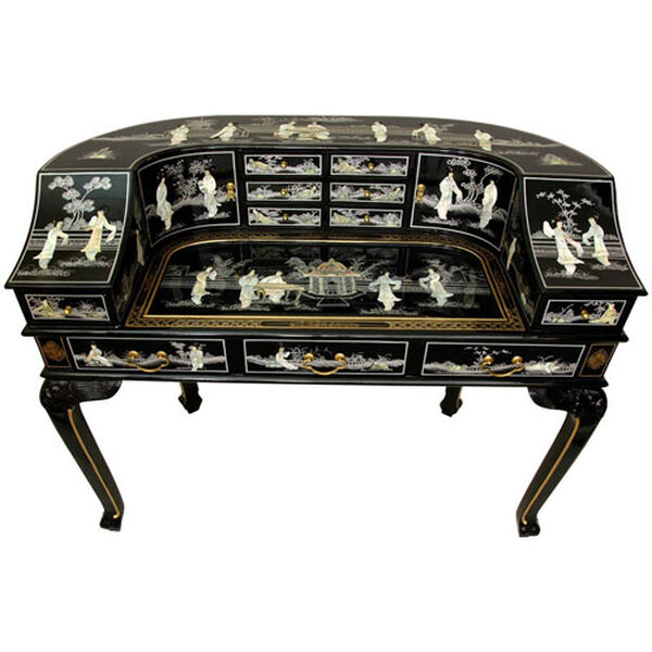 Black Lacquer Ladies Desk w/ Mother of Pearl, Width - 48 Inches, image 2